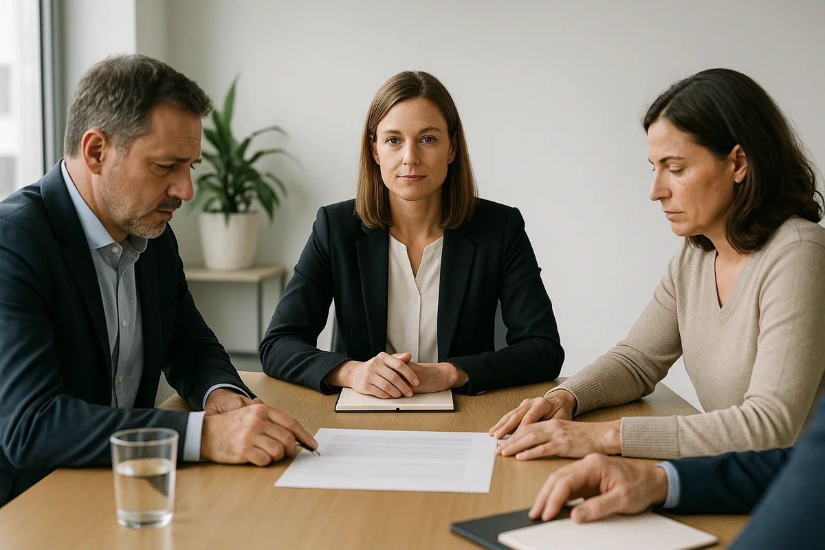 Two people talking while a mediator is present, who might also be a part of family business coaching in Brisbane for QLD entrepreneurs