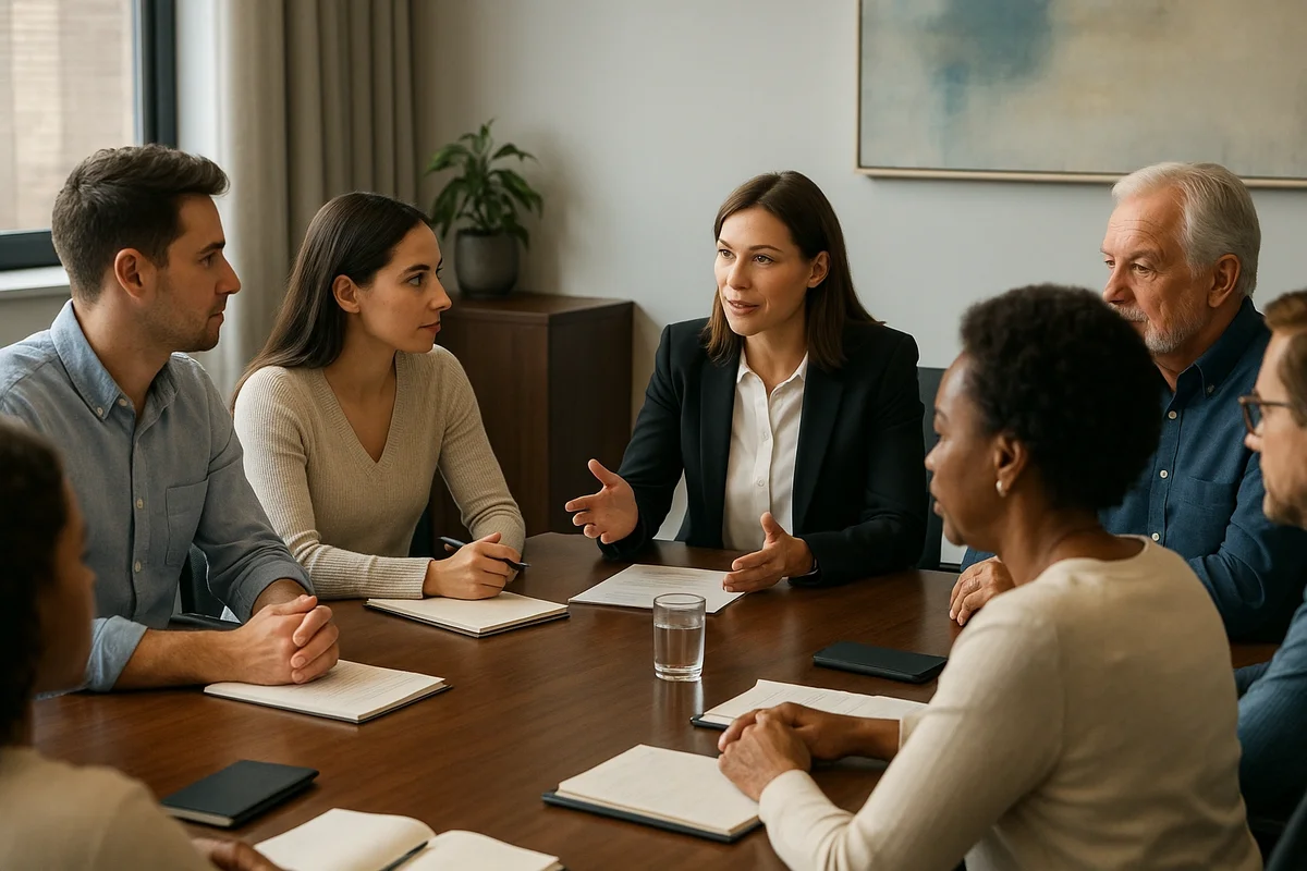 Some people talking with a mediator. It exhibits a calm and collective discussion which is a result of family business coaching