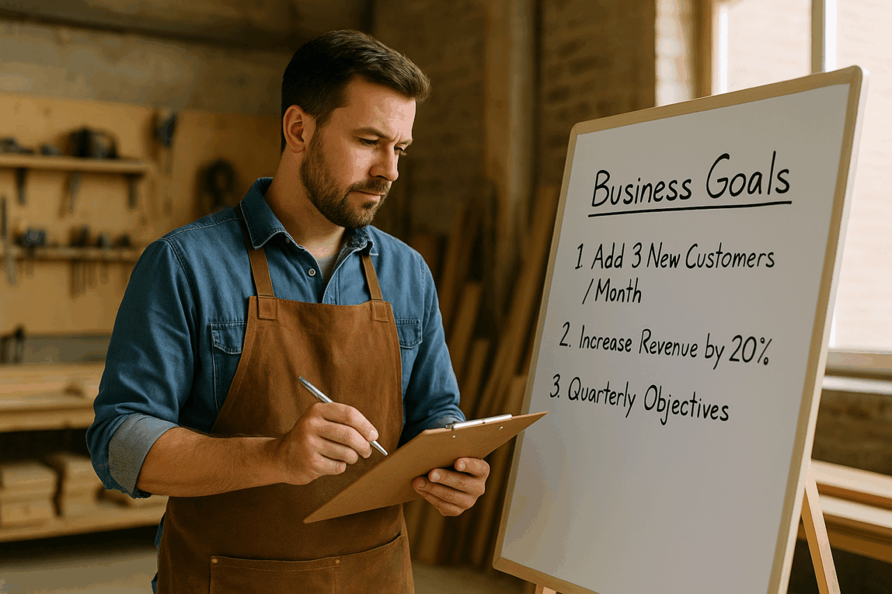 Small business owner reviewing written goals for growth