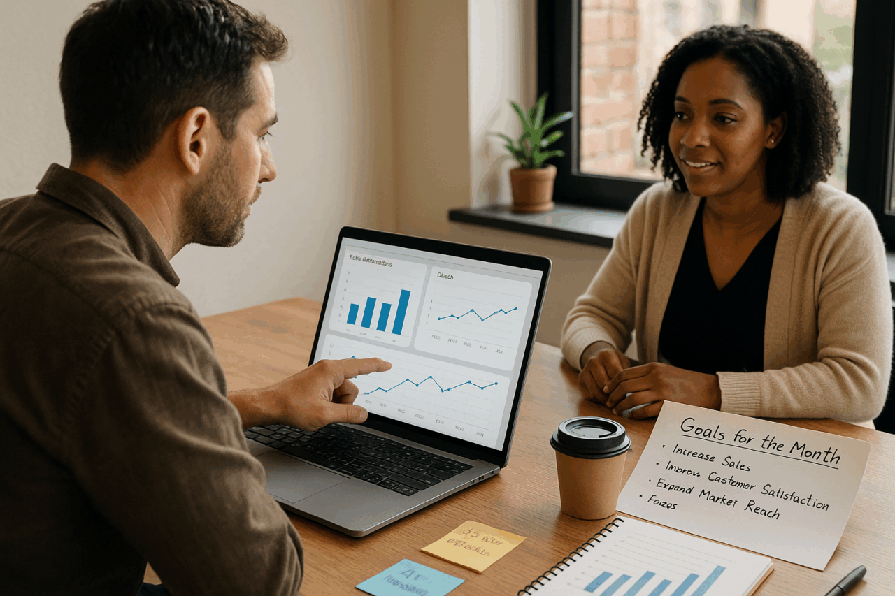 Small business owners tracking goals and progress