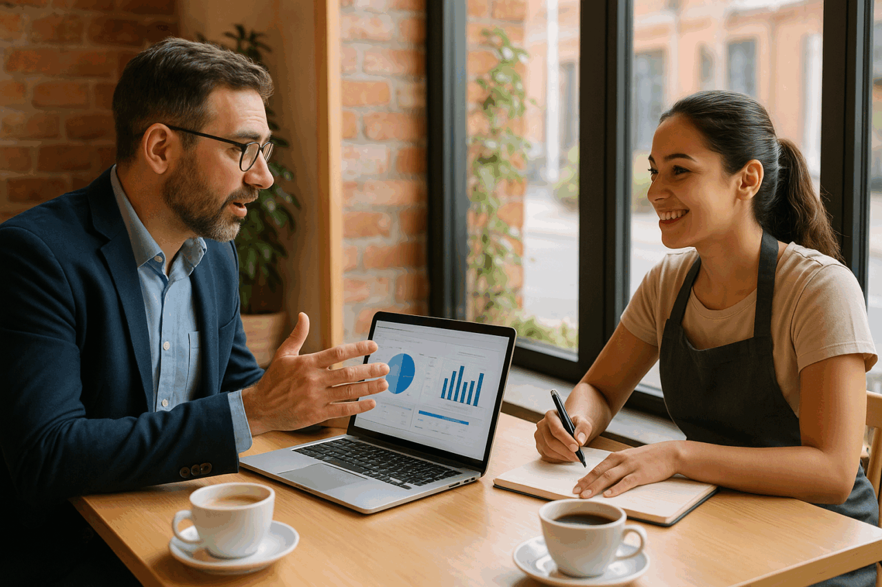 Business coach guiding Brisbane café owner toward goals