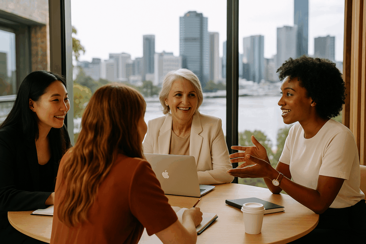 Women entrepreneurs collaborating in Brisbane coworking space