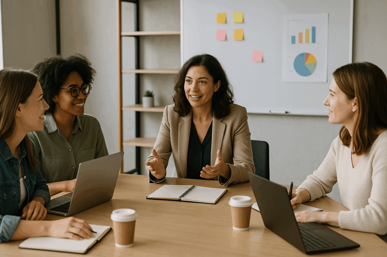 Women entrepreneurs collaborating in business coaching session.