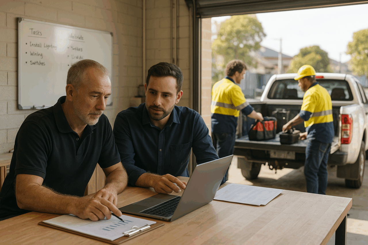 Brisbane trade owner and coach planning operations.